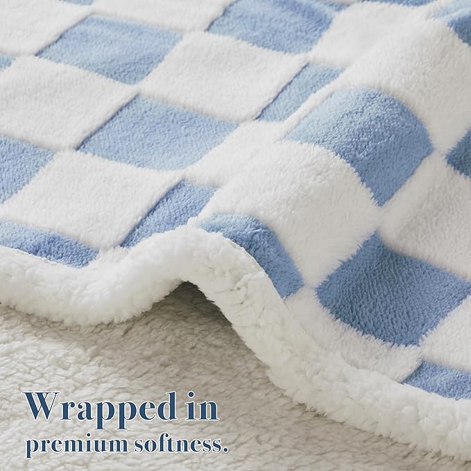 Ohocut Checkered Dog Blanket, Blue Jacquard Sherpa Blankets for Small Dog and Cats, Cute Aesthetic Style Fluffy Fleece Pets Blanket for Couch Protection Washable, 40"x50"