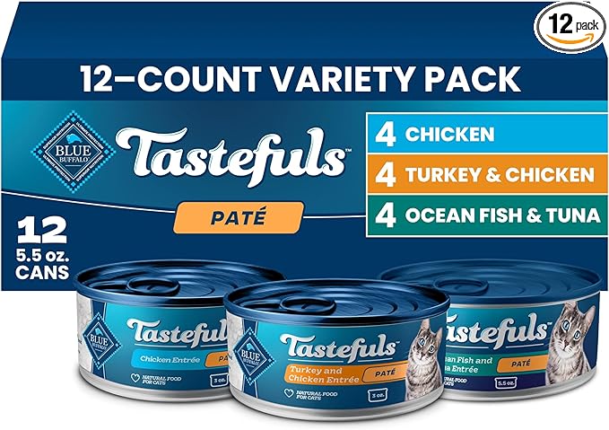 Blue Buffalo Tastefuls Wet Cat Food Paté Variety Pack (Chicken, Turkey & Chicken, Ocean Fish & Tuna) for Adult Cats, Made with Natural Ingredients, 5.5-oz. Each (12 Cans)