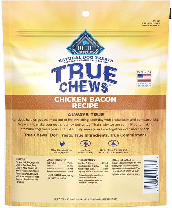 Blue Buffalo True Chews Dog Treats, Made in the USA with Natural Ingredients, Chicken Bacon Recipe, 12-oz Bag (Pack of 6)