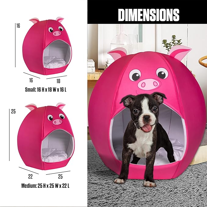 Maccabi Art Pig Theme Dog Bed - Cute Igloo Style Pet Bet - Fits Medium Dogs, Puppies, Cats - Pillow Insert with Plush Lined Interrior, Non-Slip Igloo Design - 25 x 25 x 22