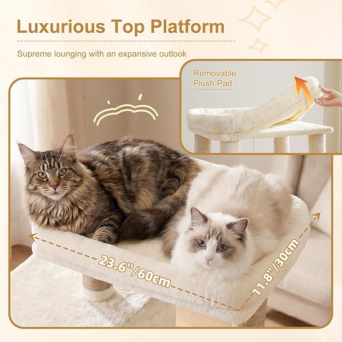 Heybly 68.1" Cat Tree with Oversized Top Platform & Wide Base, Heavy Duty Cat Tower for Large Indoor Cats with 2 Condos, 2 Hammocks, 10 Sisal Scratching Posts, Stable Cat House, Beige HCT059MJ