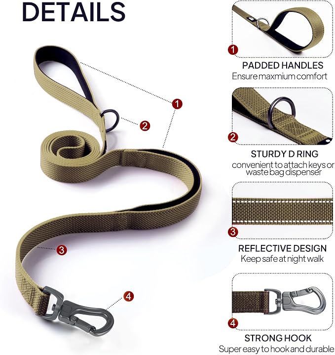 TwoEar 5FT 1IN Strong Brown Dog Leash with 2 Padded Handles, Traffic Handle Extra Control, Comfortable Soft Dual Handle, Auto Lock Hook, Reflective Walking Lead for Small Medium and Large Dogs
