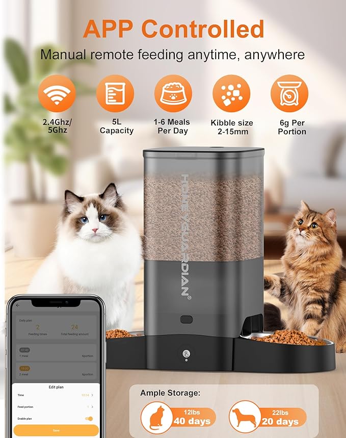HoneyGuaridan 5L Automatic Cat Feeder for Two Cats, 2.4/5G WiFi Smart Feed Pet Feeder with Stainless Steel Bowl,APP Control Dispenser, Dual Power Supply,Desiccant Bag,10s Meal Call Black