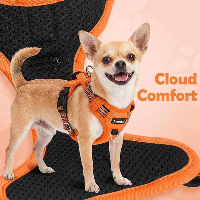 Funfox Dog Harness No Pull, Adjustable Pet Vest Harness, Super Soft Material with Vertical Handle Easy Control, Reflective Night Walking, 2 Leash Clips for Large Dogs, Orange, L