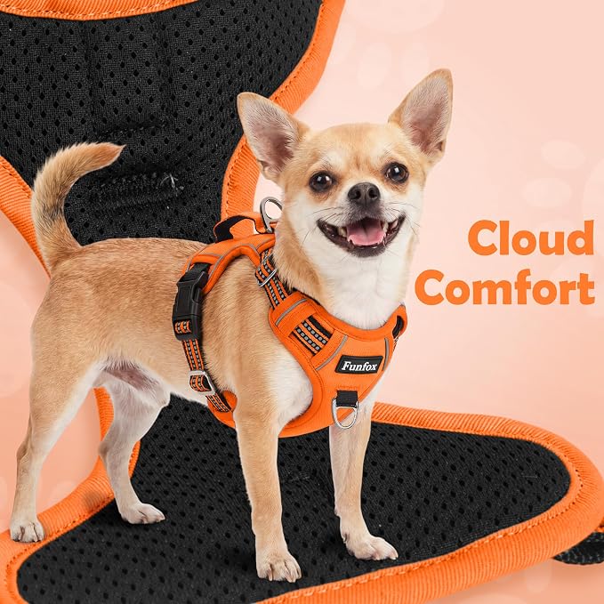 Funfox Dog Harness No Pull, Adjustable Pet Vest Harness, Super Soft Material with Vertical Handle Easy Control, Reflective Night Walking, 2 Leash Clips for Small Sized Dogs, Orange, S
