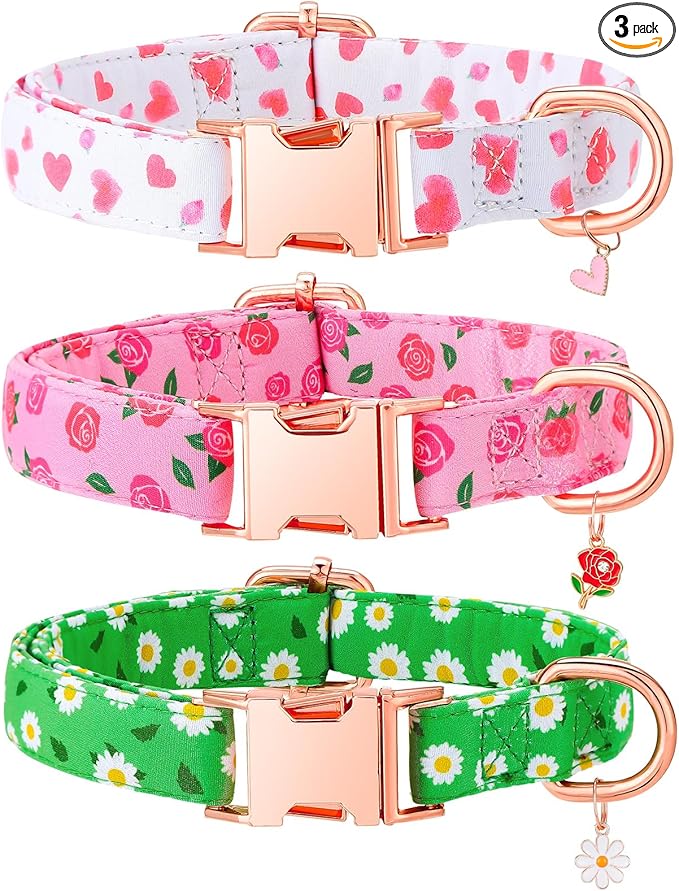 3 Pack Floral Dog Collars for Large Dogs Pink Dog Collar with Flower Pendant for Girl Female Dogs Adjustable Puppy Collars Pet Collar (13.7-21 inch)