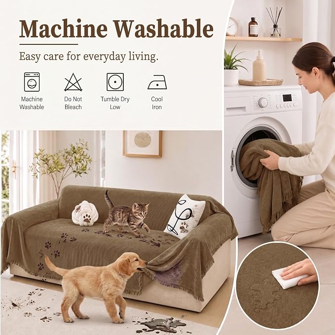 hyha Couch Cover for Dogs, Boho Sofa Covers for 3 Cushion Couch Washable, Chenille Sofa Slipcover for Pets, Soft Loveseat Sectional Couch Throw Blankets with Tassels (Chocolate, 71x134 Inch)
