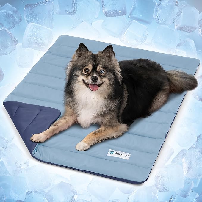PetAmi Dog Cooling Mat, Q-Max Pet Cooling Blanket with Thick Cushioning, Self Cooling Pad for Dogs & Cats, Reversible Summer Mat for Crate, Couch, Kennel, Navy/Dusty Blue, Small (24x32)