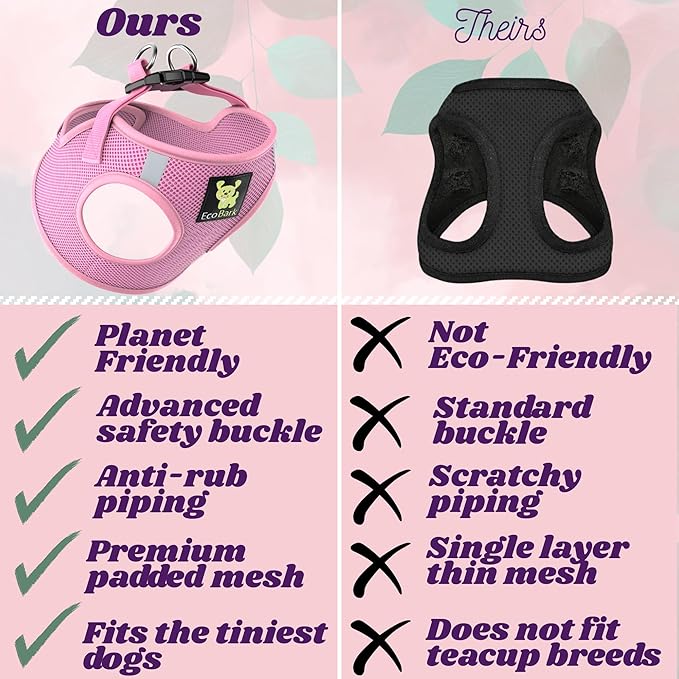 EcoBark XXS Dog Harness - Luxury Soft Step in Teacup Dog Harnesses for Puppy & Toy Breed Dogs - Tiny Step in Mesh Halter - Mini Chest Body Vest (XX-Small, Baby Pink)