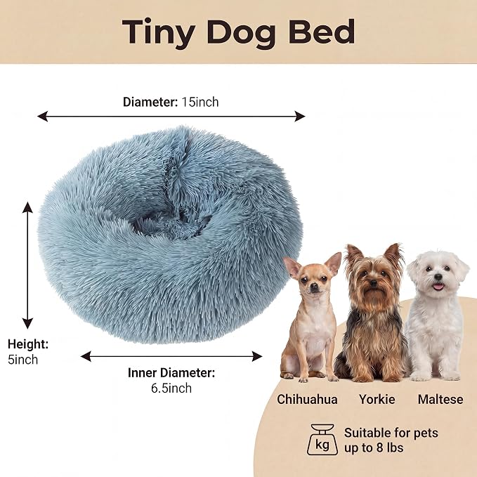 Tiny Dog Bed 15 Inch for Extra Small Dogs,Washable Puppy Bed,Soft Faux Fur Calming Donut Bed for Chihuahua Yorkie Maltese Pomeranian,Blue