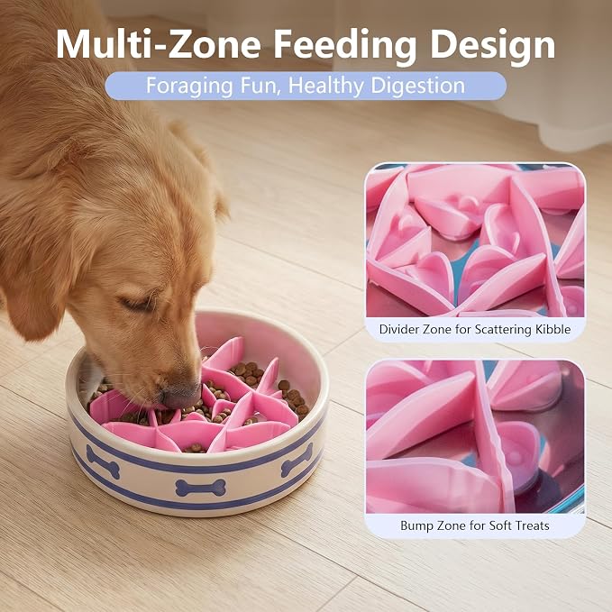Silicone Dog Slow Feeder Bowl Insert with Suction Cups, Cuttable Food-Grade Lick Mat Divider Fits Stainless Steel Ceramic Glass Dog Bowls, Helps Slow Down Eating, Pink