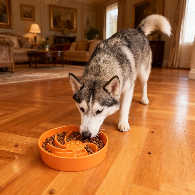 Ceramic Slow Feeder Dog Bowl, 3 Cup Dog Food or 25oz Water, Slow Eating Bowl for Middle Breed, Maze Puzzle Feeder for Fast Eaters, Anti-Choking Stop Bloat, Non-Slip BPA Free (Orange)