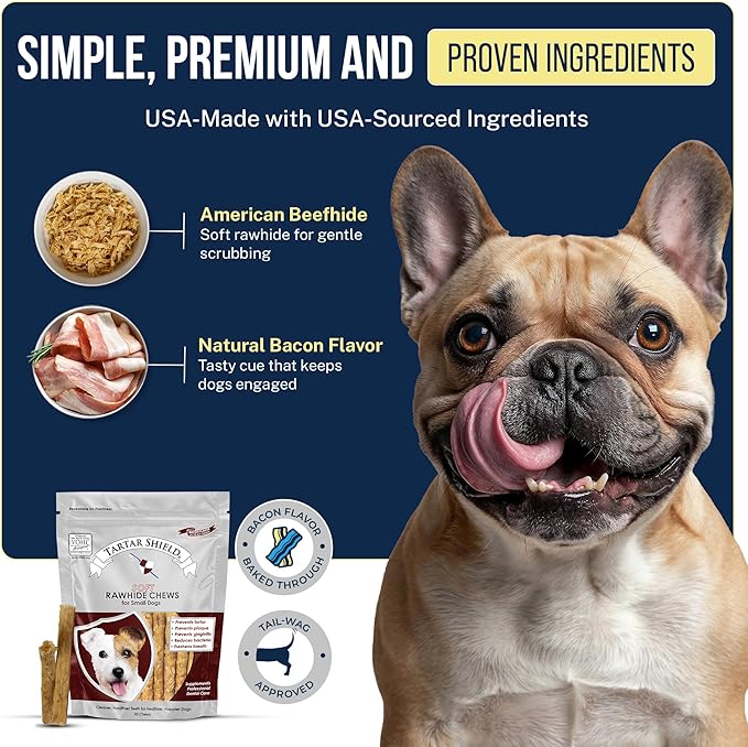 Tartar Shield® Soft Rawhide Dental Chews for Small Dogs | VOHC Accepted | Reduces Tartar, Controls Plaque & Freshens Breath | Vet Recommended | Bacon Flavor | USA Made | 30 Count