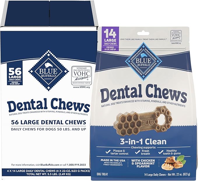 Blue Buffalo Large Dental Chews Bundle, Natural Dog Treats Enhanced with Vitamins, Minerals, and Other Nutrients, Four 22 oz. Bags