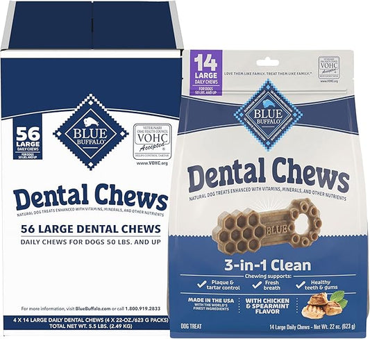 Blue Buffalo Large Dental Chews Bundle, Natural Dog Treats Enhanced with Vitamins, Minerals, and Other Nutrients, Four 22 oz. Bags