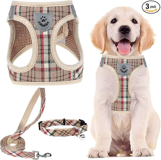 PUPTECK Adjustable Dog Harness Collar and Leash Set Step in No Pull Pet Harness for Small Medium Dogs Puppy and Cats Outdoor Walking Running, Soft Mesh Padded Reflective Vest Harnesses, Khaki M