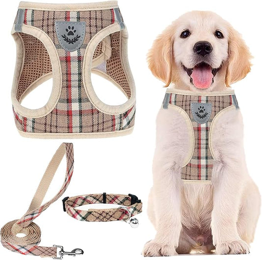 PUPTECK Adjustable Dog Harness Collar and Leash Set Step in No Pull Pet Harness for Small Medium Dogs Puppy and Cats Outdoor Walking Running, Soft Mesh Padded Reflective Vest Harnesses, Khaki S