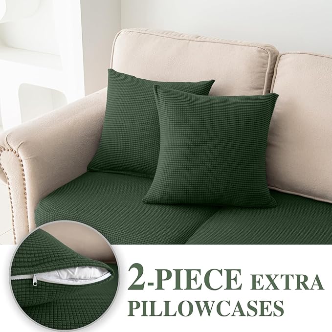 LA MEACK Couch Cushion Covers for Sectional Sofa L Shape Washable Separate Seat Chaise Couch Cover Stretch Sofa Slipcovers with 2 Pcs Pillowcases(3 Seater + 1 Chaise, Green)