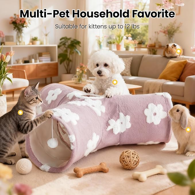 Tempcore Flannel Cat Tunnel for Indoor Cats, 3 Way Collapsible Pet Play Tunnel with Teaser Wand, Peek Holes & Hanging Ball, Interactive Tube for Kittens & Rabbits, Daisy Burlwood