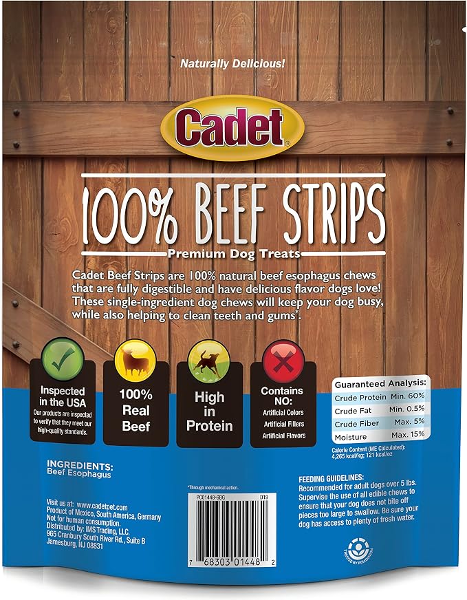 Cadet 100% Beef Strips Dog Treats, Single Ingredient Beef Esophagus Dog Jerky, Healthy High Protein Rawhide Alternative for Small & Large Dogs, 8 Ounce