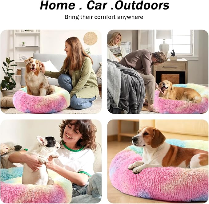 NOYAL Calming Donut Dog Bed for Small to Medium Dogs & Cats - Plush Faux Fur Anti-Anxiety Pet Bed with Machine Washable Cover & Non-Slip Base