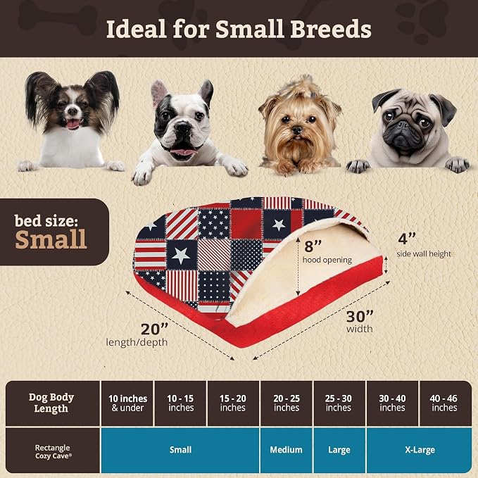 Snoozer Rectangle Cozy Cave Dog Bed - Indoor Dog Bed with Cover Cave, Covered Calming Burrow for Small Sized Pets with Blanket Attached, Enclosed, Washable Cover - Small, Starpatch Red Diamond