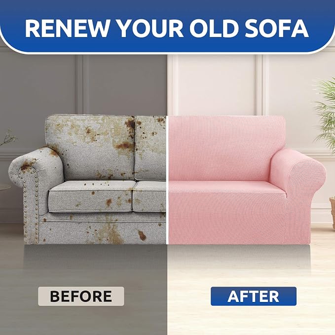 KEKUOU Stretch Oversized Sofa Slipcover 1 Piece Couch Sofa Cover (94"-110") Furniture Protector 4 Seater Sofa with Elastic Bottom for Kids,Pet.Jacquard Checked Pattern Fabric(X Large,Dusty Pink)