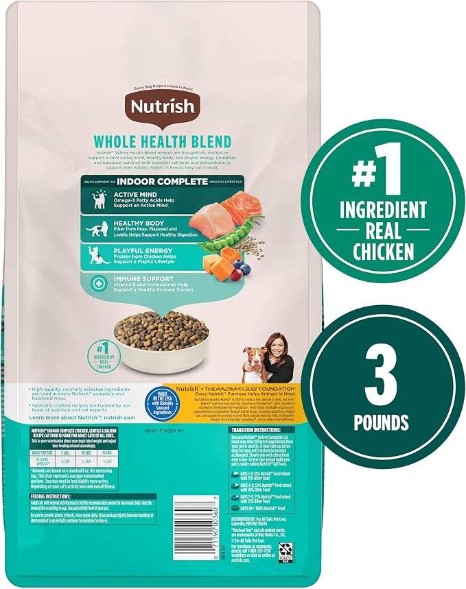 Nutrish Indoor Complete Dry Cat Food, Chicken, Lentils & Salmon Recipe (Rachael Ray), 3 lb. Bag