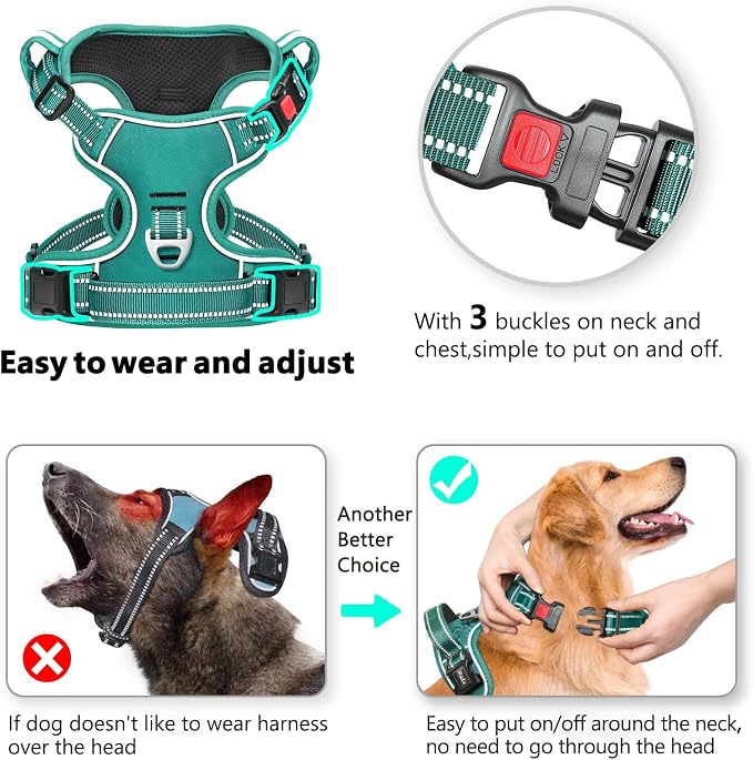 Timos Dog Harness Small Sized, No Pull Pet Harness with Neck Lockable Snap, No Choke Front Clip Reflective Vest, Adjustable Metal Rings 3 Buckles, Easy Control Handle for Small Dogs Grass Green S