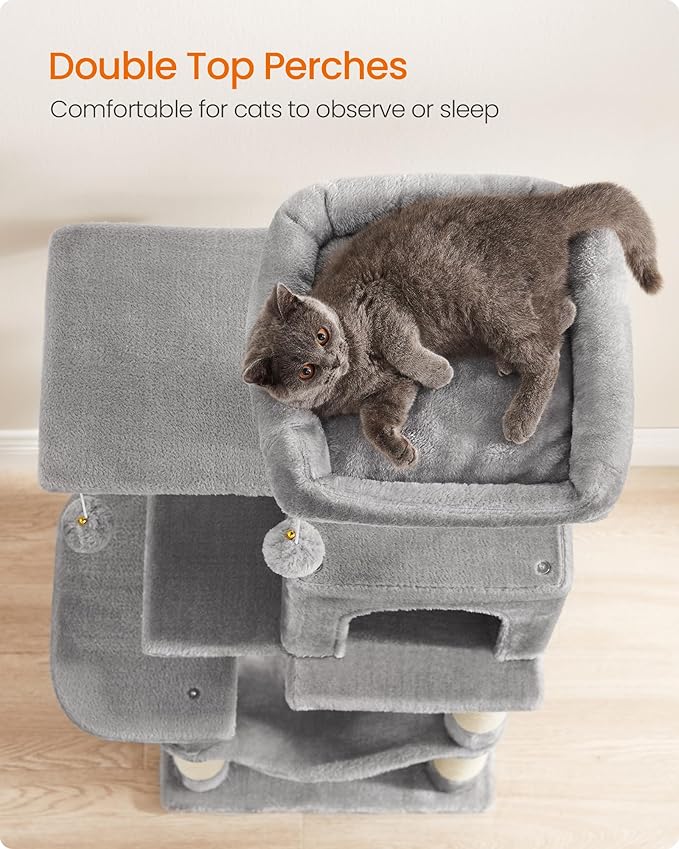 Feandrea Cat Tree, 44.1-Inch Cat Tower, Plush Multi-Level Condo with 4 Scratching Posts, 2 Perches, Hammock, Cave, Light Gray UPCT261W01