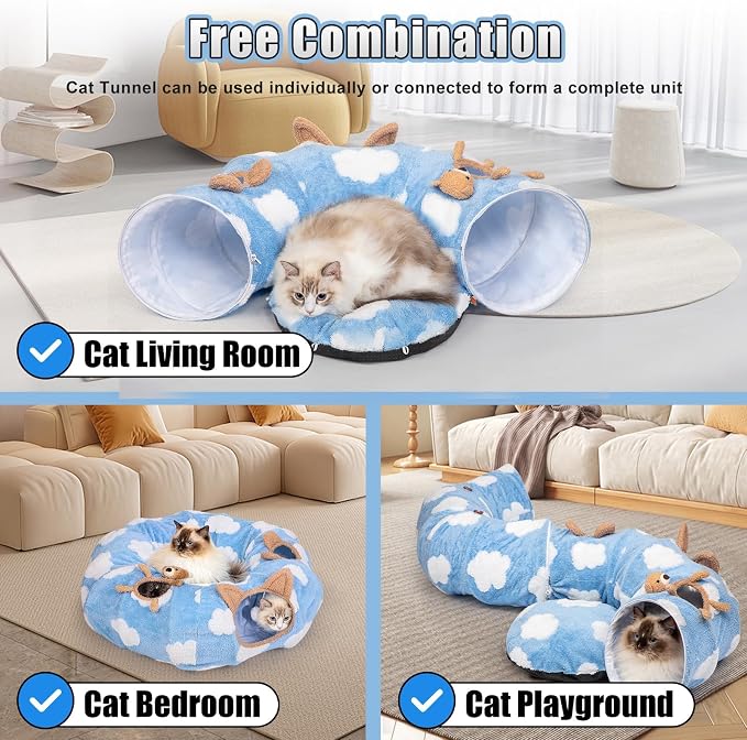 Cat Tunnel Bed, Tunnels for Indoor Cats with Washable Circle Cushion, Multifunctional Peekaboo Cave Donut Tubes Tunnel for Cat Kitty Kitten Puppy Rabbit Ferret (Sky Blue)