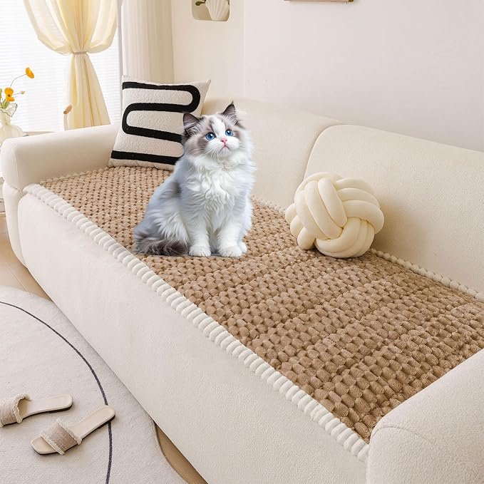 OTOB Couch Cover for Dogs Washable Non Slip Plush Sofa Covers for 3 Cushion Couch, All Seasons Fuzzy Kids Pet Friendly Sofa Slipcovers Furniture Protector Bed Mat (Coffee, 27.6" x 70.9")