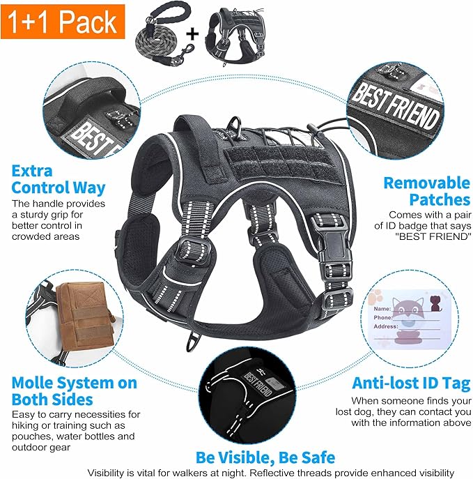 Beebiepet Heavy Duty Tactical Dog Harness for Small Dogs, No Pull Adjustable Pet Harness Reflective Service Training Easy Control Pet Vest Military K9 Working Dog Harnesses- Medium, Black