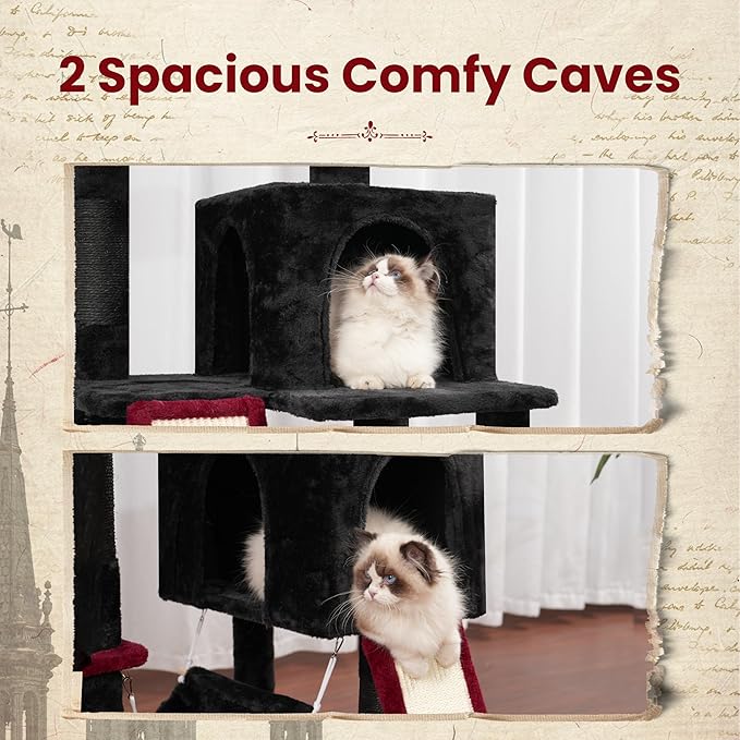 Gitelsnour Cat Tree for Indoor Cats, 71'' (180cm) Multi-Level Cat Tower for Large Adult, Gothic Sturdy Cat Tree House with 2 Scratching Boards 7 Posts, 2 Plush Perches/Condos, Hammock, Black GCT032BR