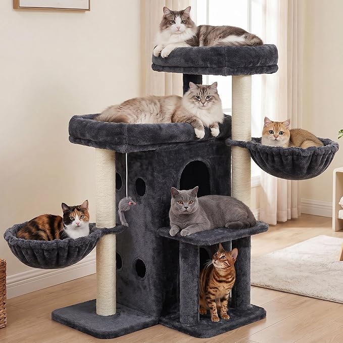 Heybly Cat Tree with Reinforced Big Base, 41.3-Inch Sturdy Cat Tower for Indoor Cats Featuring 2 Roomy Platforms, Double Cat Condo, 2 Cozy Baskets, Full Sisal Scratching Posts, Smoky Gray HCT075G