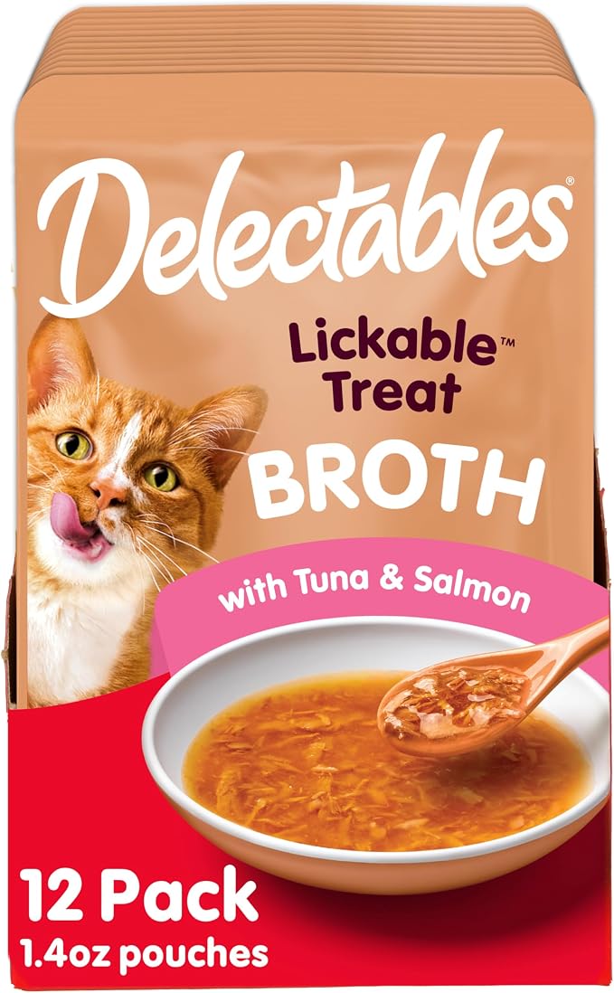 Delectables Lickable Treat Savory Broths Wet Cat Treat with Real Tuna & Salmon, Food Topper, Hydrating, Grain-Free, No Fillers, No By-Products, No-Added Preservatives, 1.4oz Pouch (Pack of 24)
