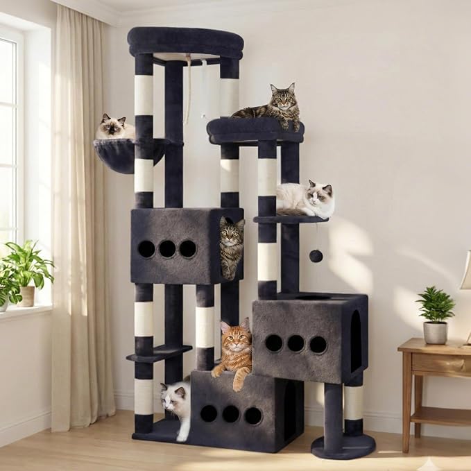 Gitelsnour Sturdy Cat Tree with 3 Large Cat Condos, 3 Platfroms, 71.7'' Cat Tree Tower for Indoor Cats Large Adult, Heavy Duty Cat Tower with 10 Scratching Posts for 20 lbs+Cats, Drak Gray GCT036G