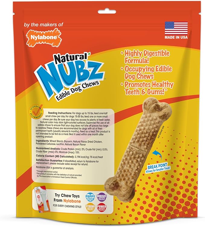 Nylabone Nubz Natural Dog Chew Treats for Small Dogs, Long Lasting Dog Chew Bones Made in USA, Chicken Flavor Breath Freshener Dental Chews, Small Dog Bones for Dogs Up to 25 lbs. (36 Count)