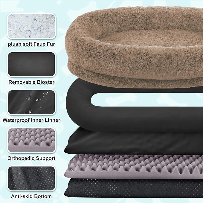 YAEM Human Dog Bed for Adult and Pets - 71"x45"x12" Dogs Beds for Humans with Washable Faux Fur Cover, Plump Pillow, Blanket, Orthopedic Design, Strap-Khaki