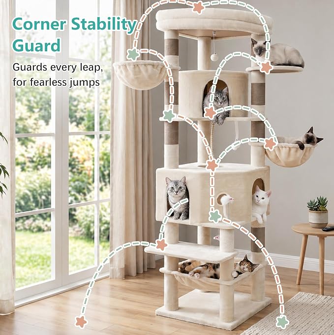 Cat Tree, 81.1" Skyward Corner Cat Tower for Large Cats with Diamond Hideout, Space-Smart Cat Furniture with Grand Platform, Firm Base, 3 Soft Hammock & Pet Relax Station, Beige VCT031MJ