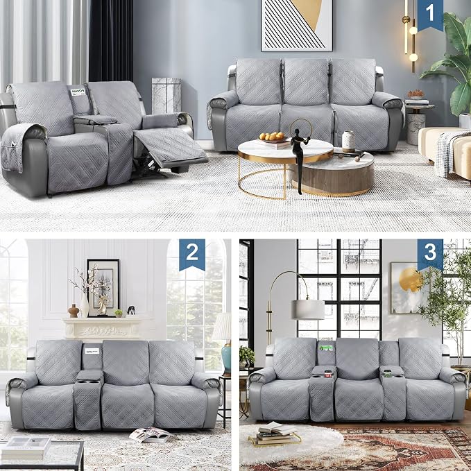 TAOCOCO 100% Waterproof Recliner Couch Covers with Console, Sofa Covers for Reclining Sofa 3 Seat with Straps Design, Split Recliner Sofa Cover Furniture Pets Kids Protector (3 Seater, Gray)
