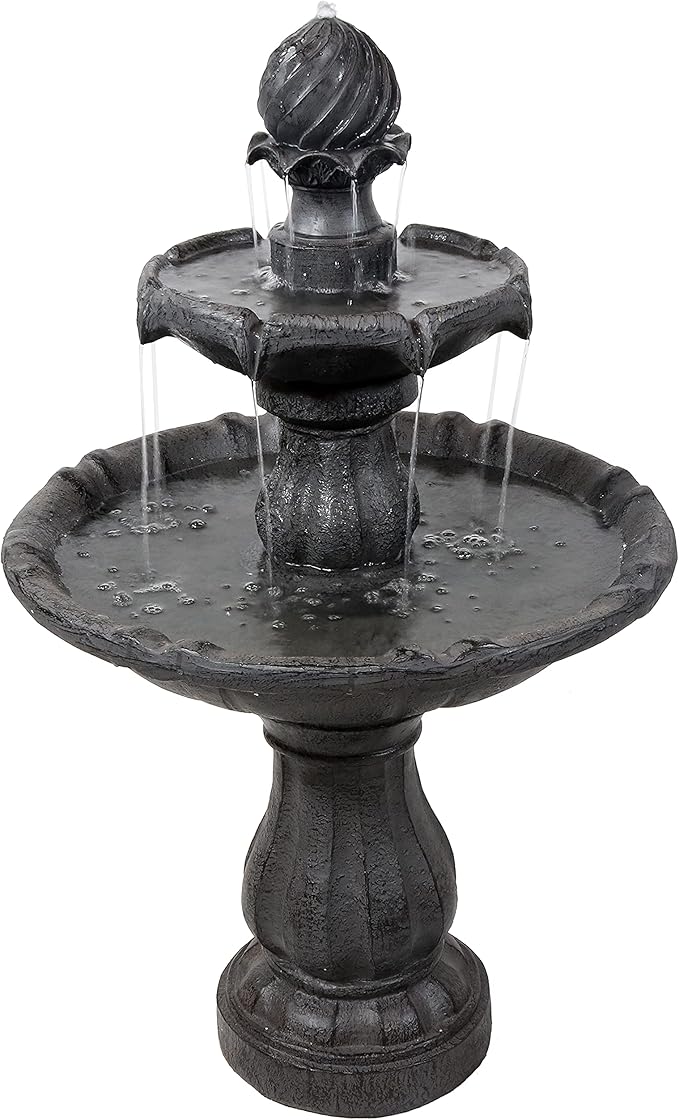 Sunnydaze 35" Solar 2-Tier Outdoor Water Fountain - Garden Water Feature with Battery Backup and Pump - Black