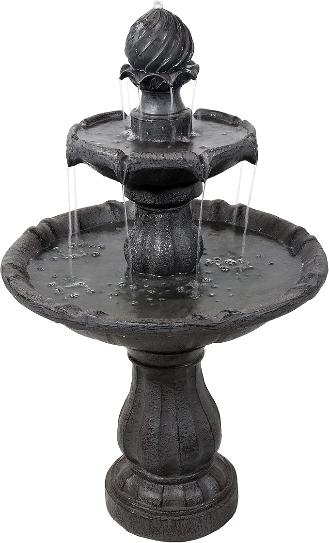 Sunnydaze 35" Solar 2-Tier Outdoor Water Fountain - Garden Water Feature with Battery Backup and Pump - Black