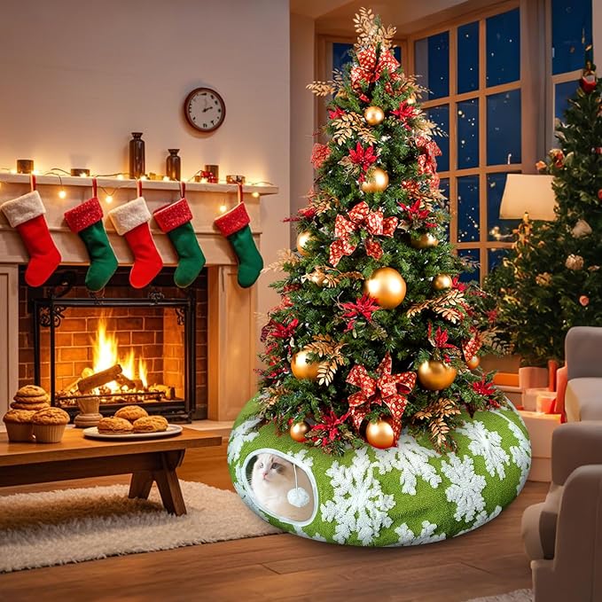 Cat Tunnels for Indoor Cats, Cute Cat Donut Tunnel with Washable Circle Cushion, Under Christmas Tree Soft Plush Peekaboo Cat Cave Toy for Kitten, Puppy, Rabbit (Green)