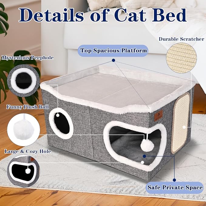 Extra Large Cat Beds for Indoor Cats, Covered Cat Cave Beds & Furniture with Scratch Pad and Fluffy Ball, Foldable Cat Condo Hideaway with Reversible Cushion for Multi Small Pet Large Kittens, Grey