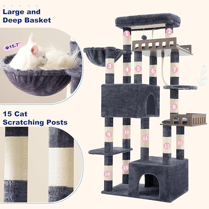 Gitelsnour Maine Coon Cat Tree, Heavy Duty Cat Tree for Indoor Cats Large Adult, Cat Tower for Large Cats 20 lbs+ with Hammock, 2 Big Perches, 2 Cat Condos, 15 Scratching Posts, Smoky Gray GCT033G