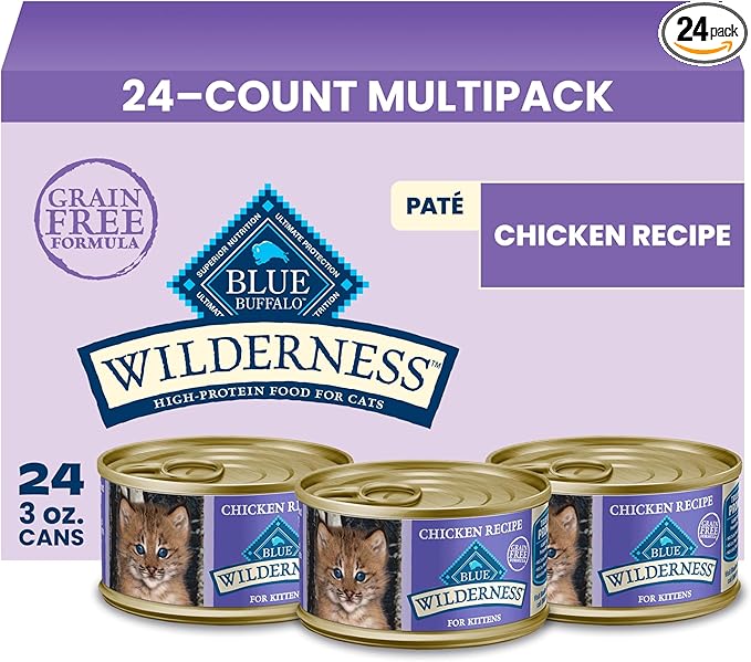 Blue Buffalo Wilderness Kitten Grain-Free Chicken Paté Wet Cat Food with DHA, High-Protein & Made with Natural Ingredients, Supports Healthy Growth & Development, 3-oz. Cans (24 Count)