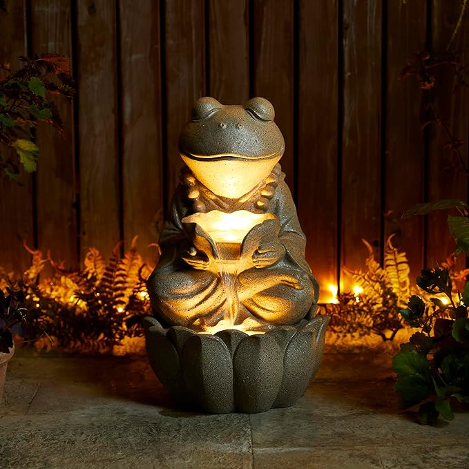 Glitzhome Outdoor Fountains and Waterfalls Zen-Style Frog Water Fountains with LED & Pump, Patio Water Fountain Yard Fountain 2 Tier Floor Waterfall for Backyard Lawn Garden Porch 22" H, Sand Beige