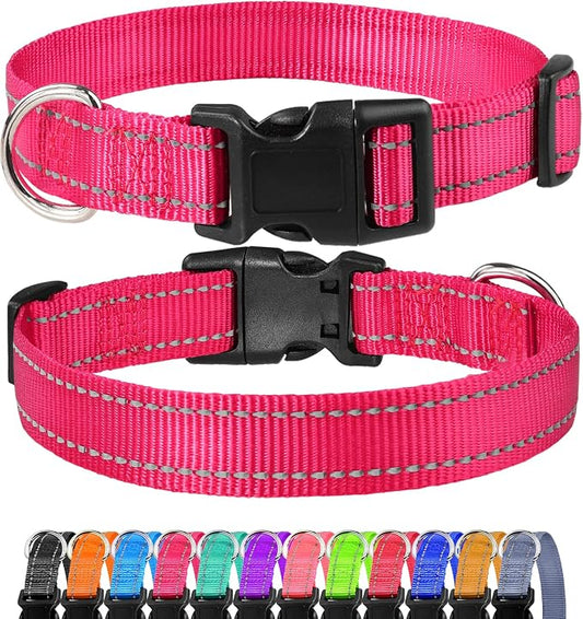 FunTags Length 8" - 12" Reflective Neon Pink Dog Collar for Puppy/Extra Small Dogs – Night Walking & Training Safety, Durable Quick Release Buckle, Nylon, Comfortable Adjustable, Width 3/8"