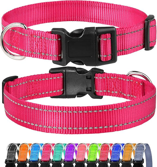 FunTags Length 10" - 16" Reflective Neon Pink Dog Collar for Small Dogs – Night Walking & Training Safety, Durable Quick Release Buckle, Nylon, Comfortable Adjustable, Width 3/4"